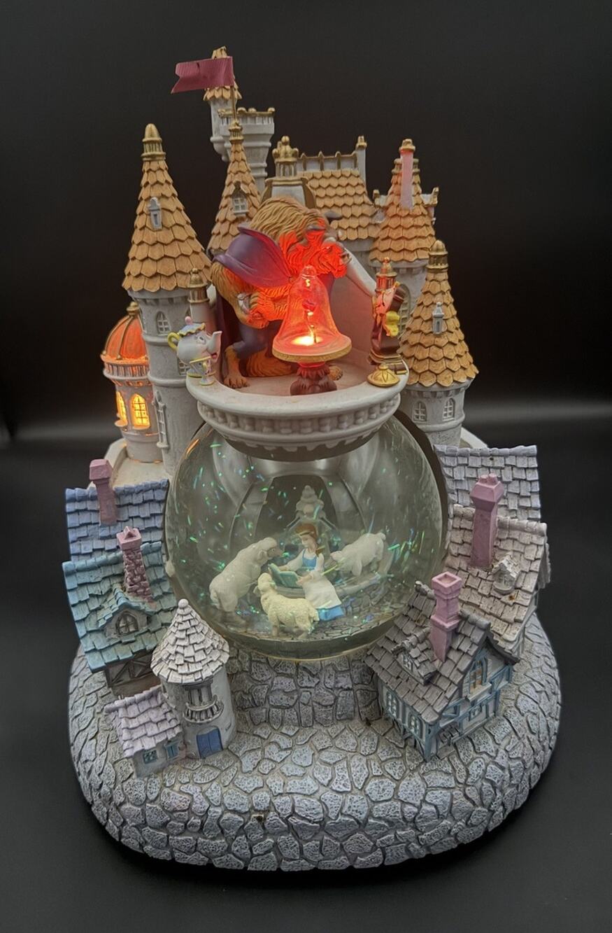 Disney Beauty And The Beast Village And Castle Snow Globe And Music Box-Works!